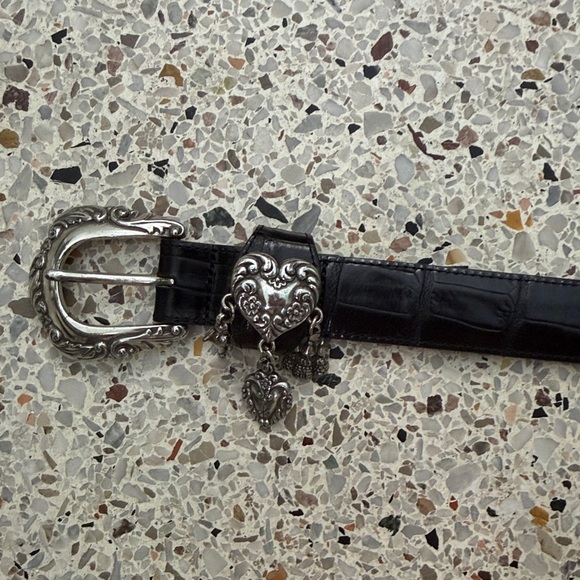 90’s Y2K Brighton black leather silver western buckle heart charms dangling s main image 5
